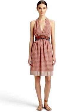 Rozae Nichols Silk Red White Blue Halter Empire Beaded Belted Boho Dress P
